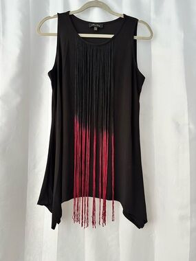 Melissa Paige L Black Tank with Red Ombré Fringe Handkerchief Hem Boho Festival